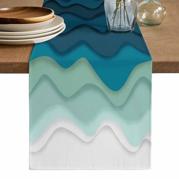 Teal Ocean Table Runner, Coastal Sea Moire Waves Abstract Ombre Art Washable Cotton Linen Table Runners 108 Inches Long, Dresser Scarf Runner for Dining/Living Room/Kitchen/Square Tables 13''x108''