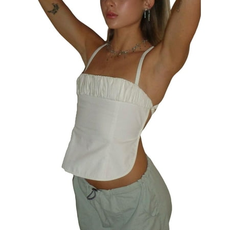 

Sunisery Women s Ruched Bust Cami Tops Sleeveless Cross Backless Spaghetti Strap Camisole