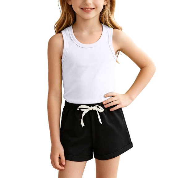 Qingpeng Kids Stylish Set Sleeveless Solid Color Racerback Tank Top And Drawstring Shorts With Elastic Waist For Casual Wear Matching Outfit Set For Kids