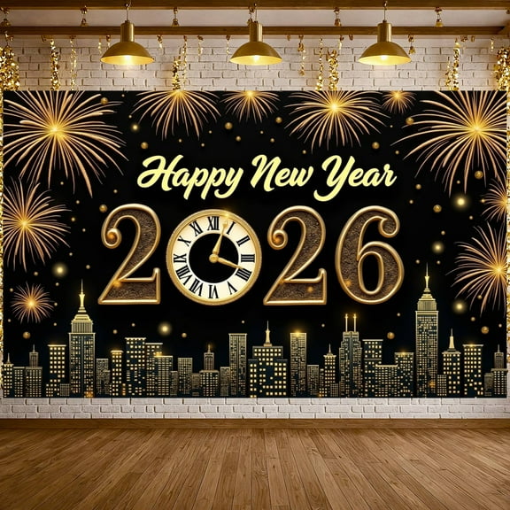 Golden Fireworks Happy New Year Banner Clock Design New Year Backdrop City Skyline Gold Lettering 2026 Festive Background for New Year Party New Year Eve Holiday Celebration