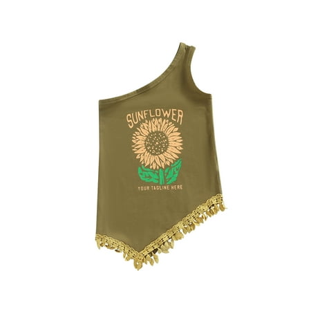 

JYYYBF Kids Baby Girls Summer Boho Dress Sunflower Print One Shoulder Sleeveless Tassels Irregular Mini Dress For Toddler Green 3-4 Years