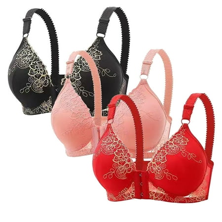 Gnurob Women s Seamless Front Closure Bra 3 Pack Lace Push Up Brassiere Plus Size Bralette No Underwire Seamless Bralettes Full Support Breathable Underwear Clearance Saving Red XX-Large