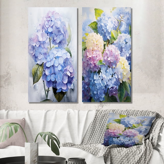 Designart "Blue violet Hydrangea Eternal Blooms II" Hydrangea Wall Art Set Of 2 - Blue Floral Canvas Set For Living Room Decor