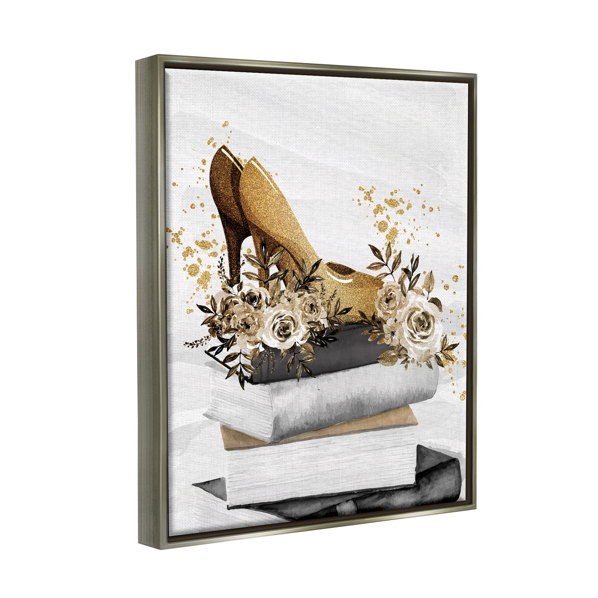 Stupell Industries Dazzling Floral Heel Shoes Trendy Books Stacked Graphic Art Luster Gray Floating Framed Canvas Print Wall Art, Design by Kim Allen