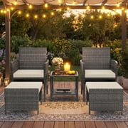 UDPATIO Balcony Furniture 5 Piece Patio Furniture Set, Outdoor Grey Wicker Chairs with Ottoman, Beige