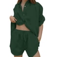 thumbnail image 2 of Short Sets for Women Loose Fit Cotton Linen Short Sleeve Button Down Collared Shirt and Wide Leg Shorts 2 Piece Matching Set, 2 of 6