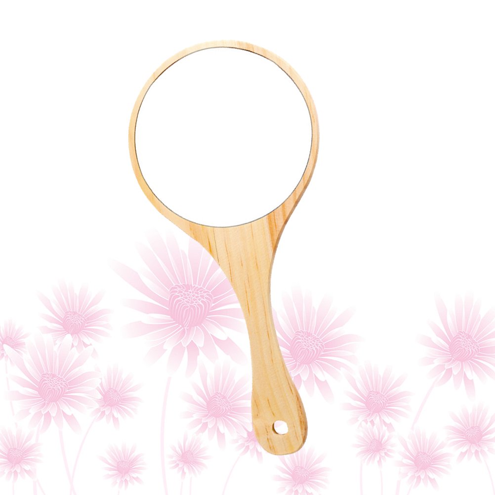 Milisten 1Pc Makeup Mirror Wooden Frame Khaki Color Durable Handheld Cosmetic Mirror
