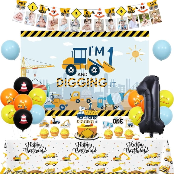 Construction 1st Birthday Party Decorations for Boys with Im Digging Being 1 Birthday Backdrop Photo Banner Construction Cake Topper Tablecloth for 1 Year Old Boys Birthday Decorations