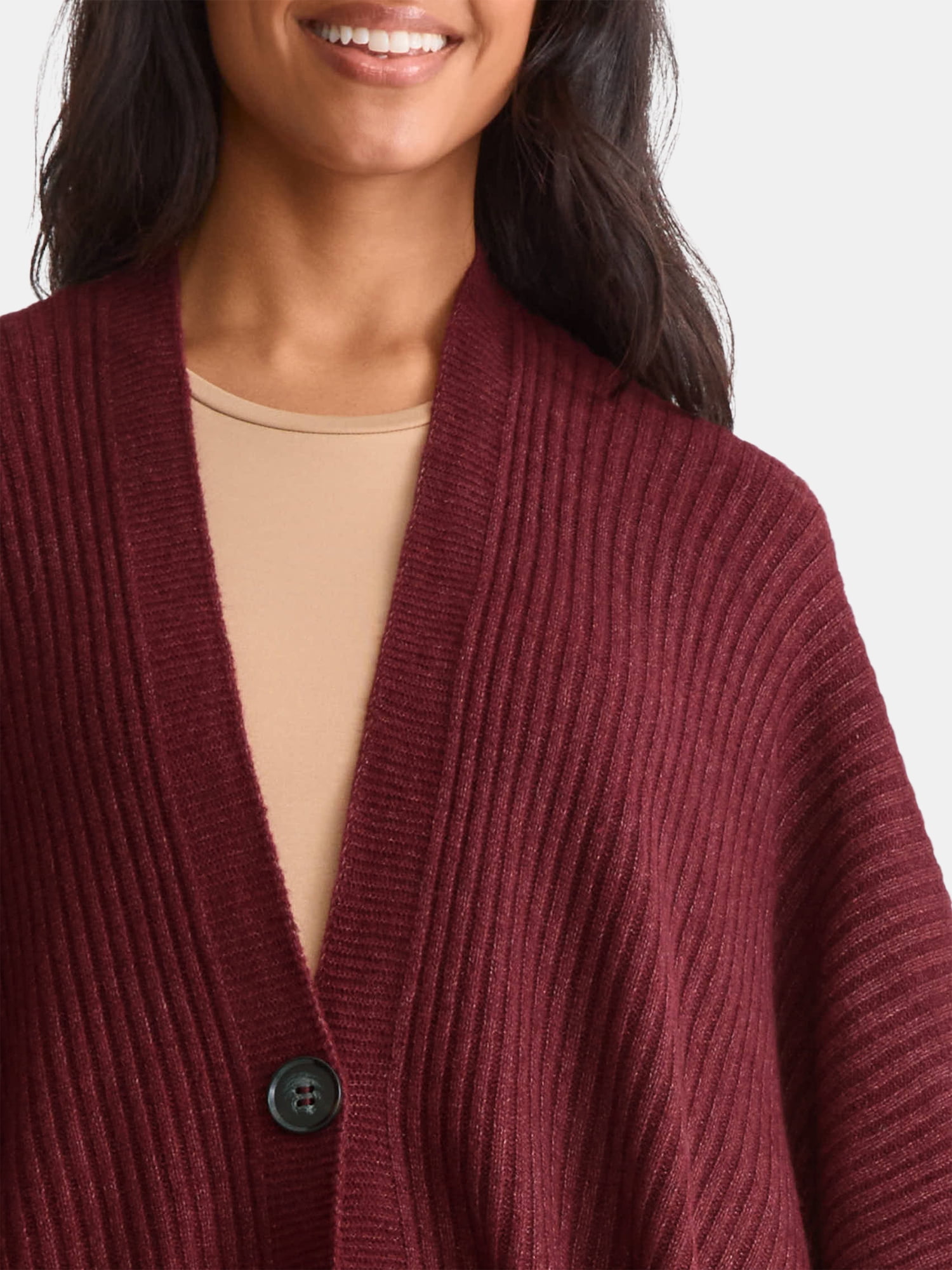 Time and Tru Women's Rib Knit Fashion Coverup with Button, One Size, Burgundy