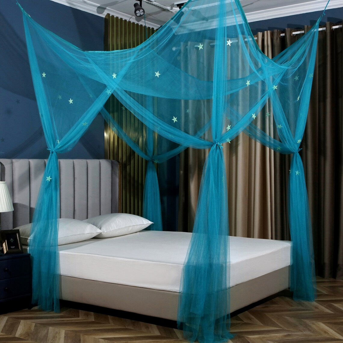 Blue 4 Post Glow in The Dark Star Bed Canopy Mosquito Net Full, Queen