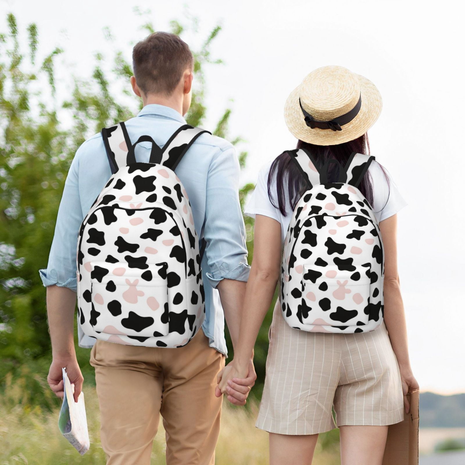 Casual Canvas Backpack Without Interlayer Large Capacity Stick Bag Design For Outdoor Shopping Office Outdoor Sports Simple Cow Print Pattern White Background, Pink And White_3 Medium