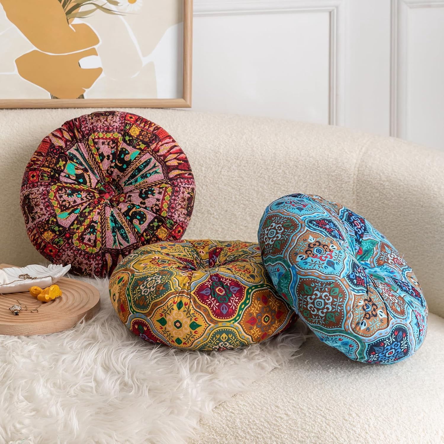 Monebena Round Floor Pillow Cushion Pleated Throw Pillows Boho Printed Accent Pumpkin Decorative Throw Pillows with Button Cotton Linen Pillow Cushion for Sofa Couch Vanity Chair Bed Diameter 14"