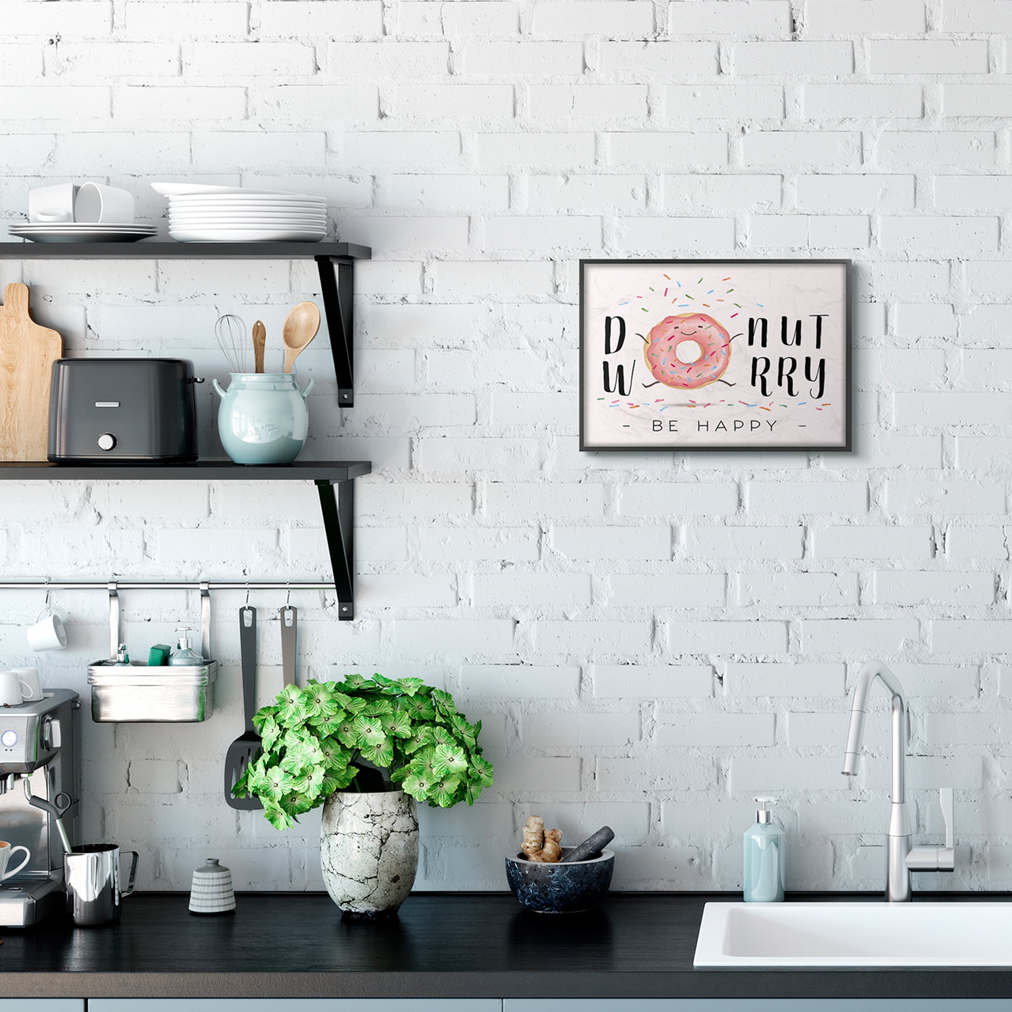 Stupell Industries Donut Worry Happy Pink Cartoon Word Design Framed Wall Art by Ziwei Li