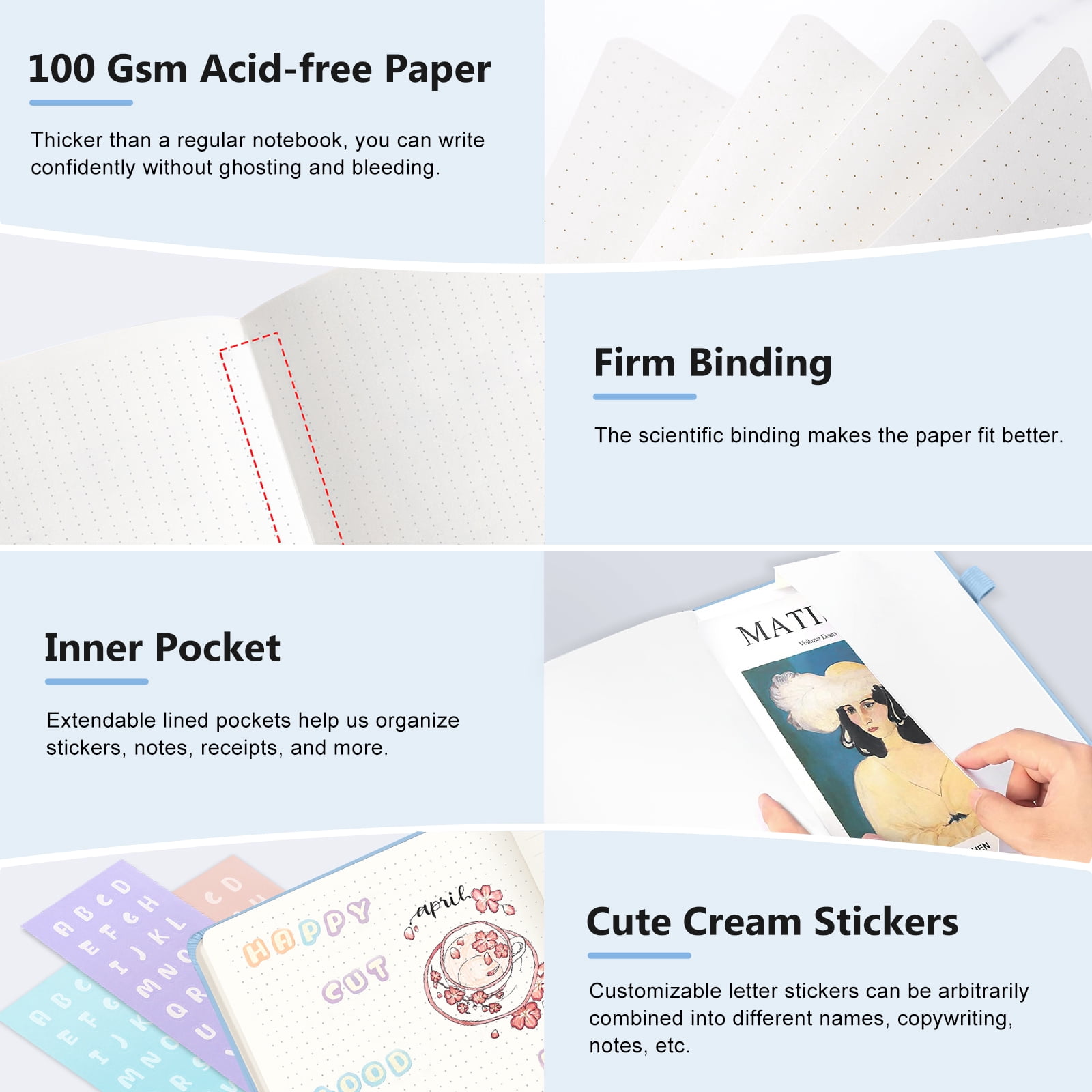 1Pack Small Journal Notebook,Hardcover Journals for Women Men,Dotted,Grid,Pen Loop, Stickers,A6,100 gsm Thick Paper,160 Pages,3.6in x 5.6in