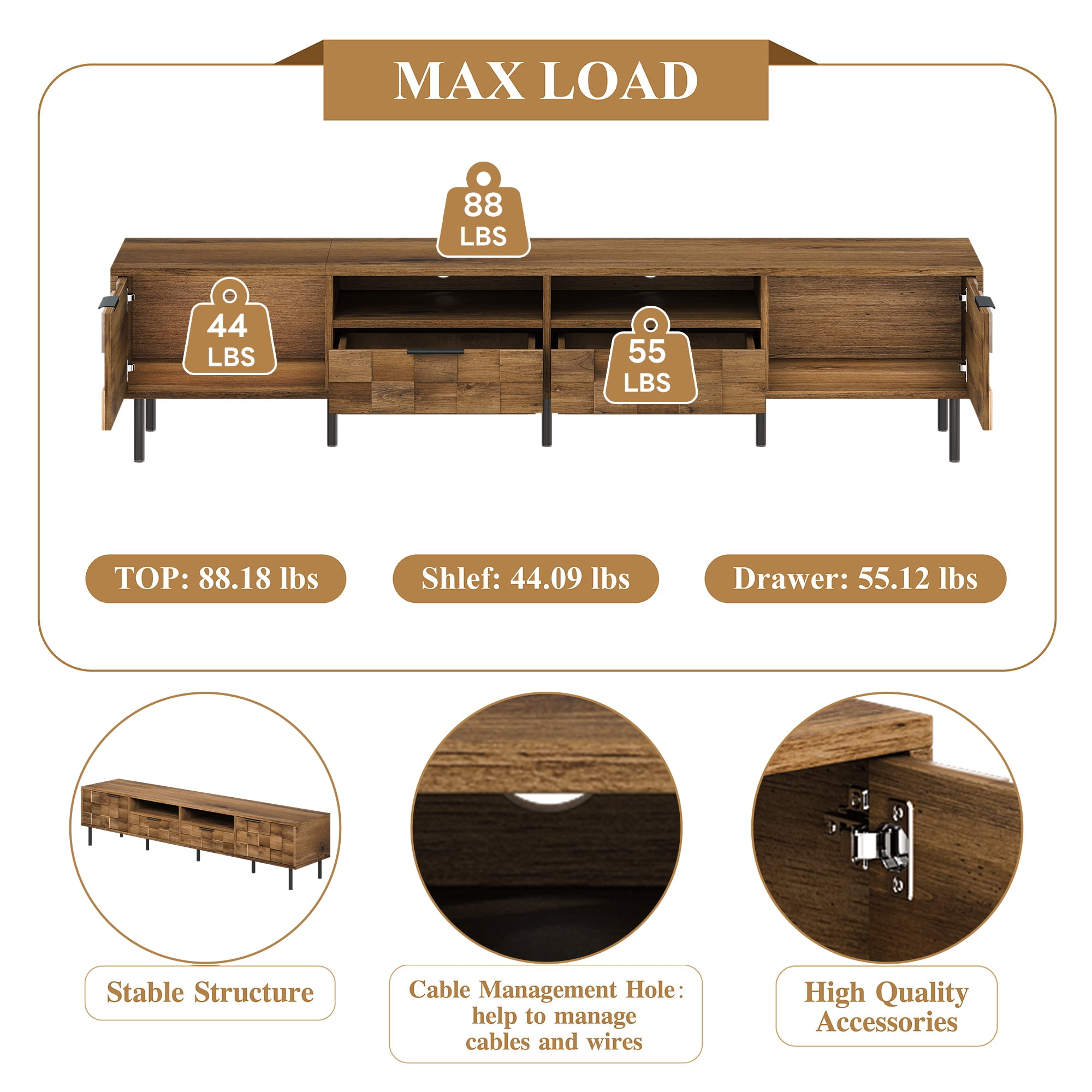 Aukfa 78.7" Mid-Century Modern TV Stand for TVs up to 85", Wood Media Console Entertainment Center,Checkered Design,Natural