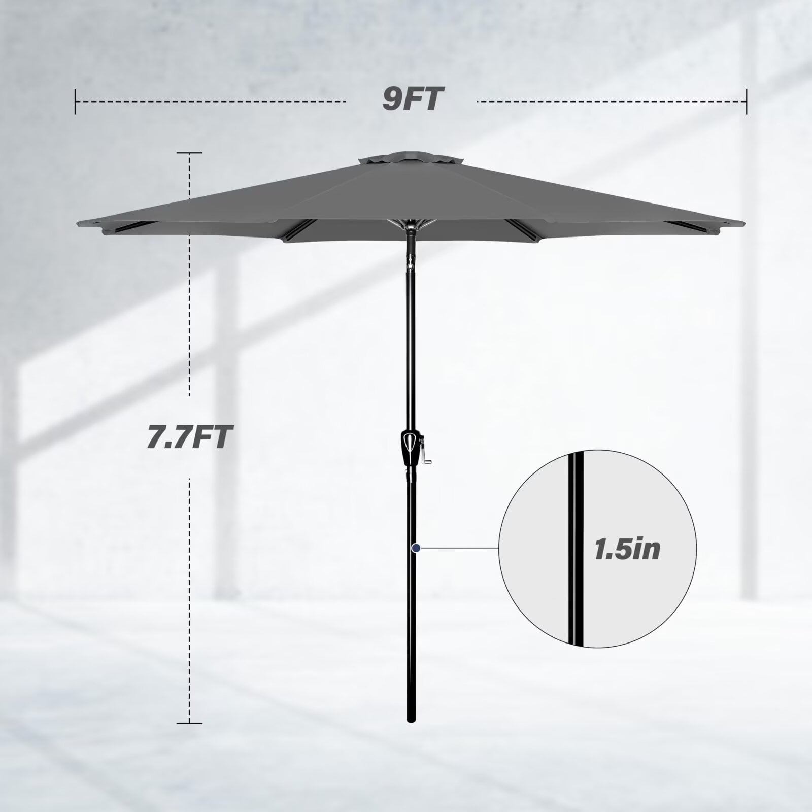 Simple Deluxe 9ft Outdoor Market Table Patio Umbrella with Button Tilt and 8 Sturdy Ribs, Grey, 1 Pack