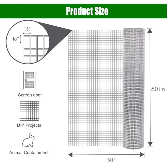 Wire Mesh Fence Roll 60in x 50ft 1 2 x 1 2 19GA Galvanized Steel Vinyl Coated Hardware Cloth Poultry Netting for Garden Yard Plants Animals Protection Farm Fencing Silver