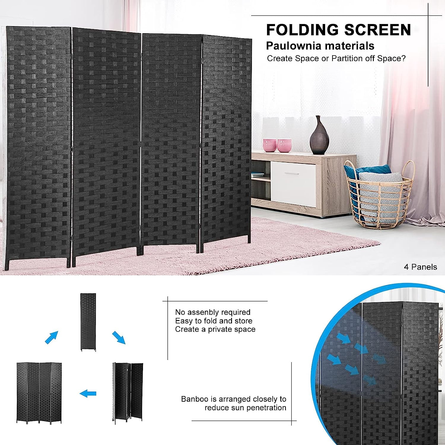 NiamVelo 4 Panel Wood Room Dividers Folding Privacy Screen Portable Screen Partition Wall Dividers for Home Office, Black