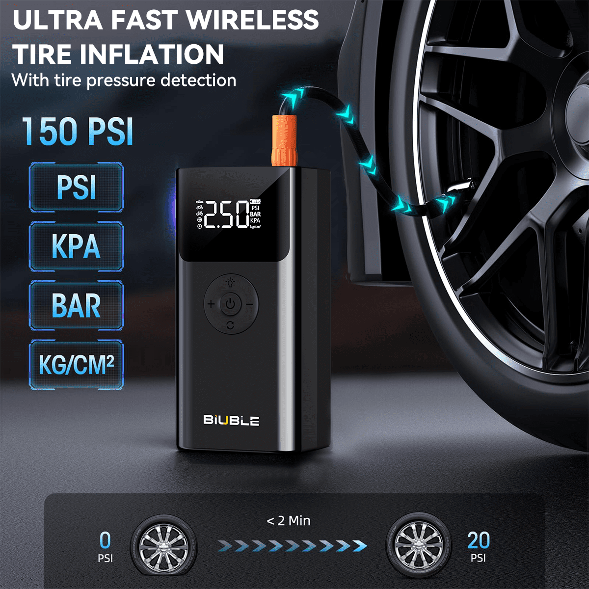 BIUBLE Portable 8000A Car Jump Starter with Air Compressor 150PSl, 12V Battery Pack (ALL Gas/2.64gal Diesel),  Car Battery Jumper Starter, Smart Jump Cables, Digital Display, LED Lights, V