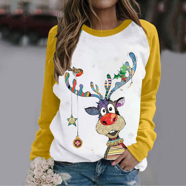 Costumes de Noël en Solde Col Rond Mode Décontractée Manches Longues Chandail en Molleton Imprimé de Noël Blouse Chandail en Molleton Surdimensionné pour Femmes