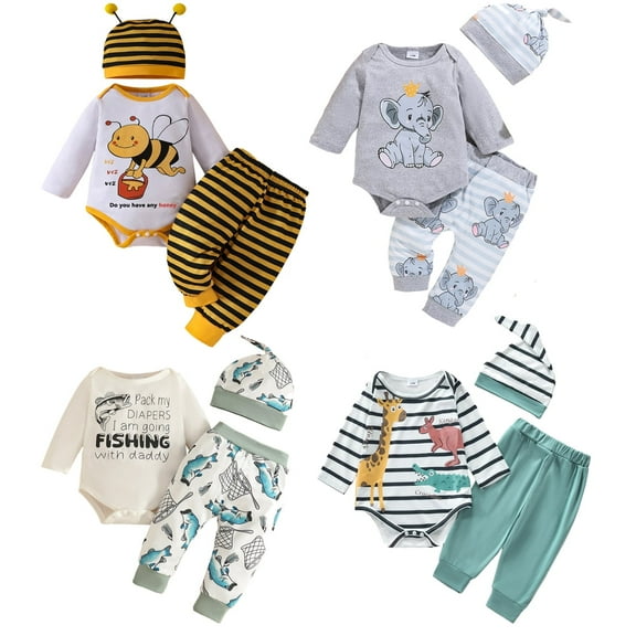 Emy Dola Newborn Baby Boy Clothes Animal Print Long Sleeve Romer   Pants   Hat 3 PCS Infant Outfits Set 0-28 Months-Bees