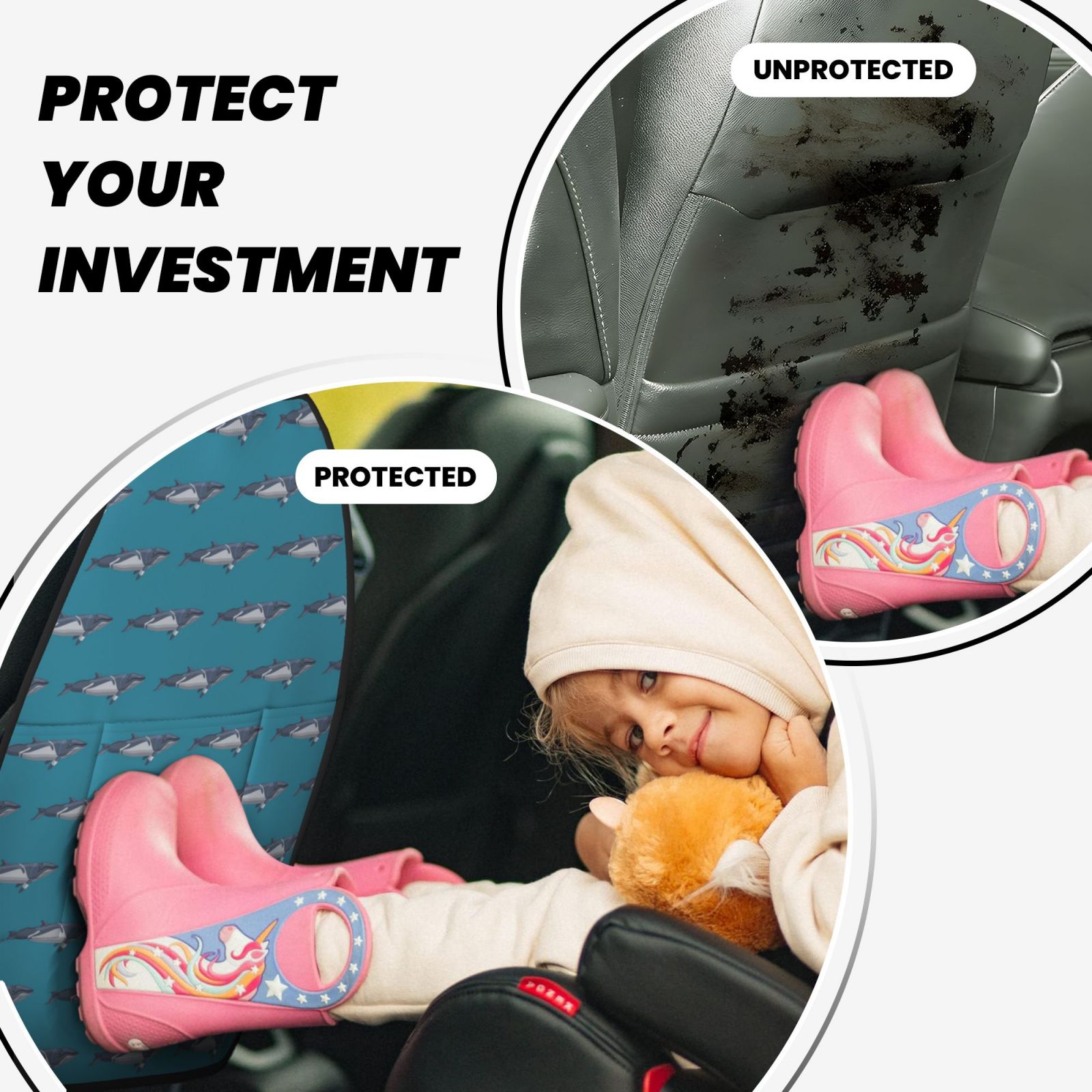 Kdxio Cartoon Whale Print 2 Pack Car Kick Mat Seat Cover Back Protector Mat with Pockets for Organizer Backseat Protector and Storage Anti Kick Pad for Vehicles