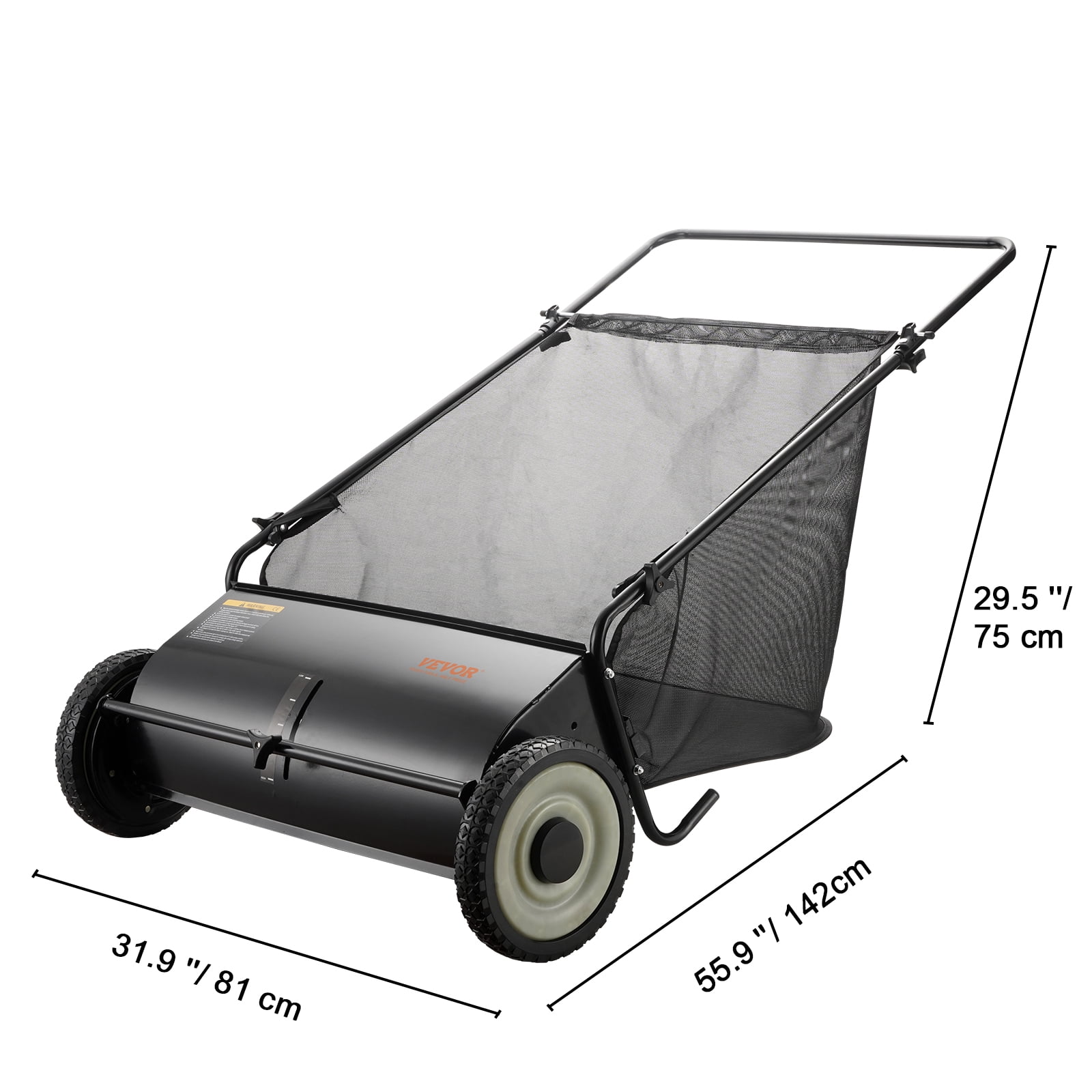 VEVOR Push Lawn Sweeper, 26-inch Leaf & Grass Collector, Strong Rubber Wheels & Heavy Duty Thickened Steel, Durable to Use with Large Capacity 7 Cu. ft. Mesh Collection Hopper Bag, 4 Spinning Brushes