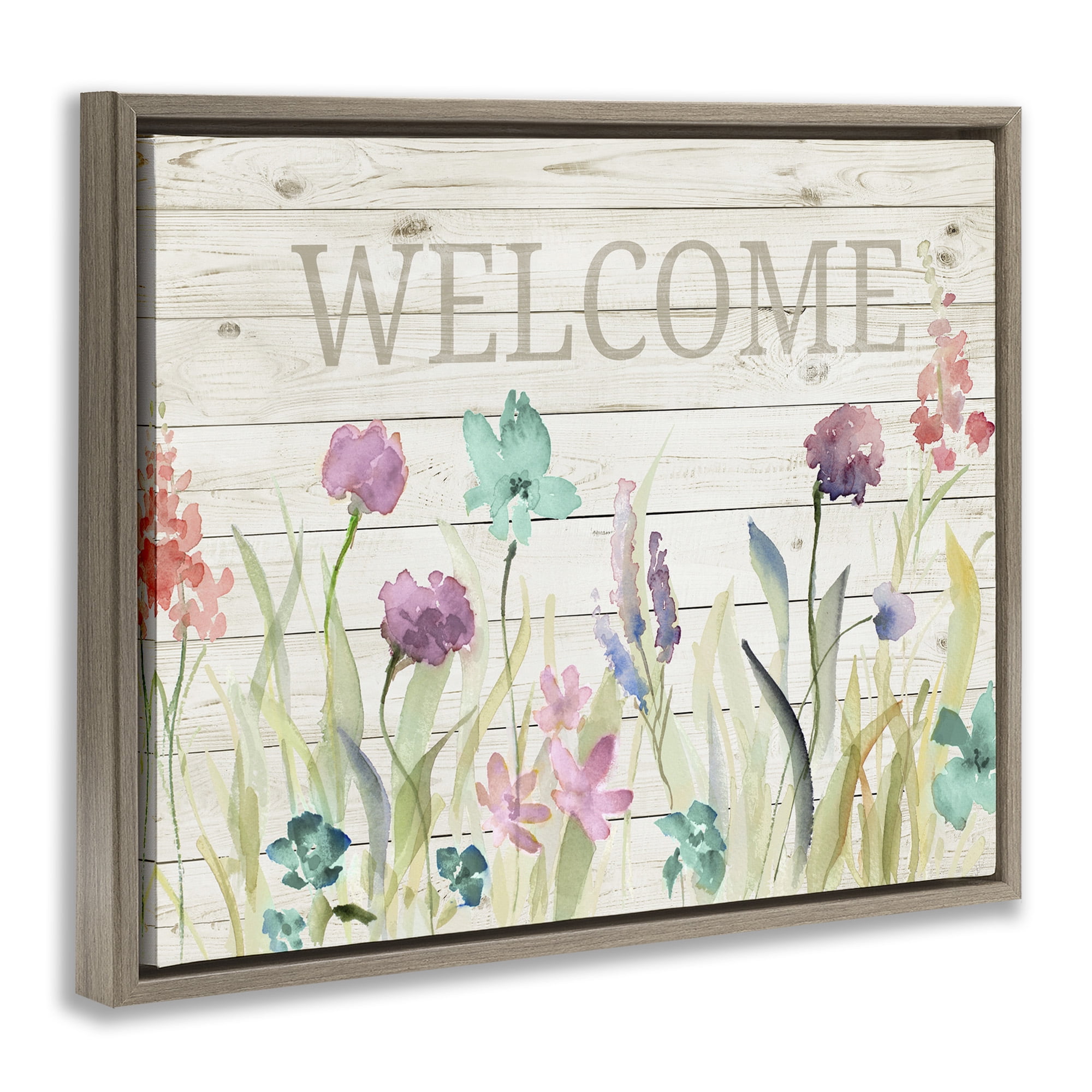 Stupell Industries Welcome Sign Spring Wildflowers Botanical & Floral Painting Brown Floater Framed Canvas Art Print Wall Art, 21 x 17