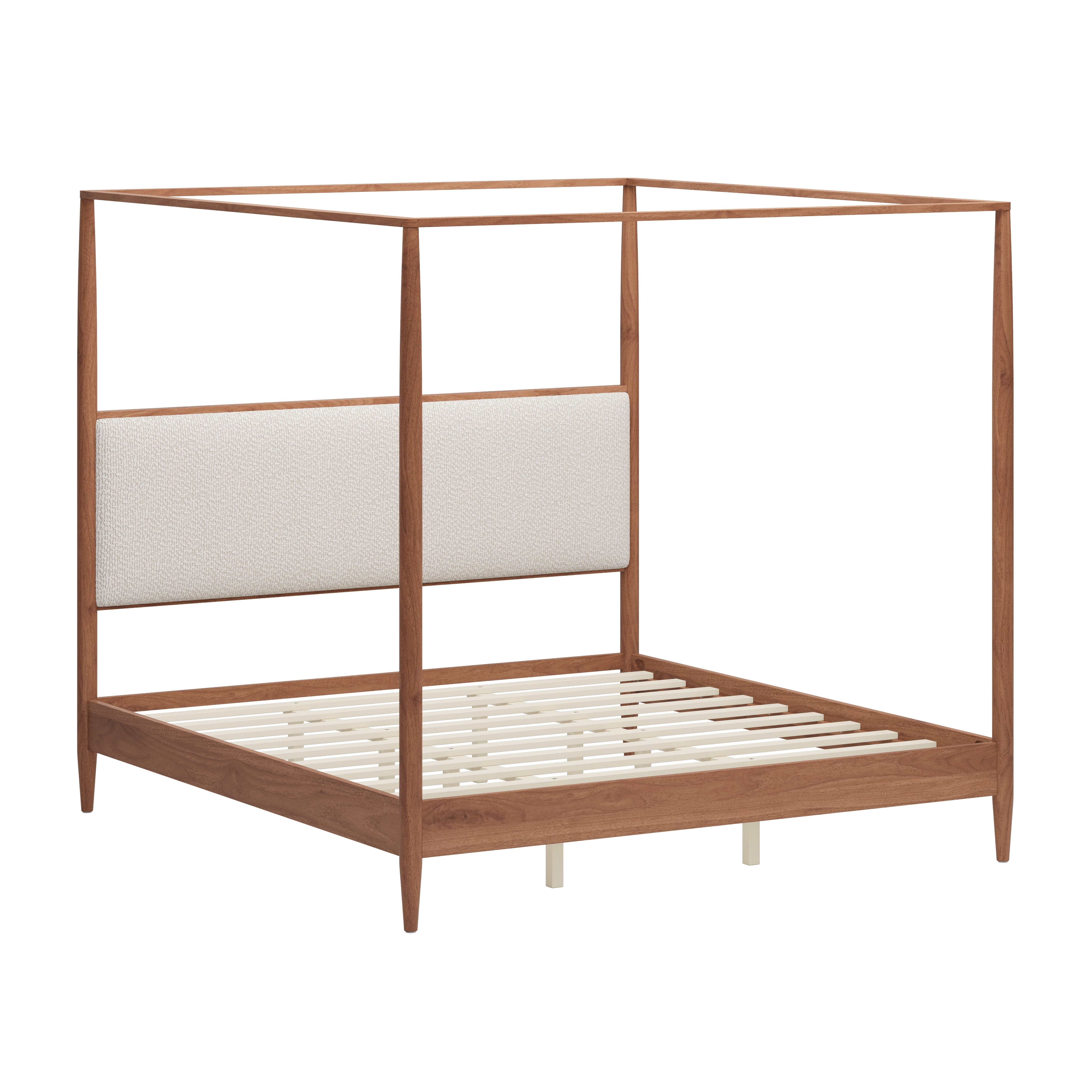 Euroco Modern Wood King Size Canopy Bed, Mid-Century 4-Poster Platform Bed with Boucle Upholstered Headboard and Tapered Legs, No Box Spring Needed, Walnut