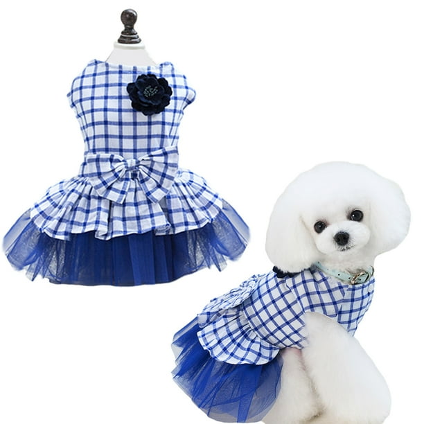 Vestido para mascotas para perros pequeños, niñas, cachorros, vestido de boda, tutú, falda a cuadros, lazo, fiesta de cumpleaños, ropa para perros (azul)