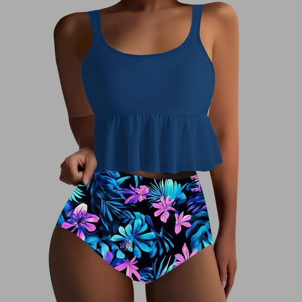Traje de baño vintage estampado para mujer, traje de baño conservador, traje de baño de bikini con falda de playa estampada para mujer, traje de baño de poliéster para mujer