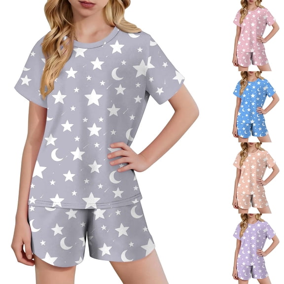 YHAJDS Girl 2 Piece Set Tiny Print Crewneck Short Sleeve T Shirt Elastic Shorts Set