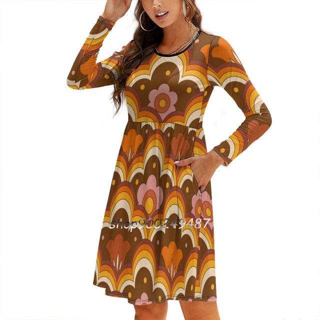 Robe Rétro Psychédélique des Années 70S 60S Motif Floral Doux Élégant Robe Coréenne Kawaii Col Carré Rétro 70S