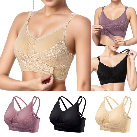 Xijirk Women Wireless Bra with Front Closure Lace Adjustable Straps Soft Stretch for Daily Casual Loungewear,Beige,L