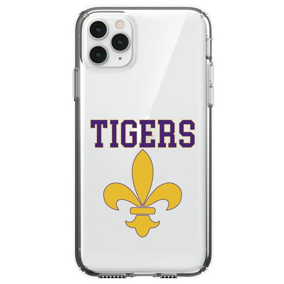 DistinctInk Clear Shockproof Hybrid Case for iPhone 13 Pro MAX (6.7" Screen) - TPU Bumper, Acrylic Back, Tempered Glass Screen Protector - Tigers Football / Fleur de Lis - Purple, Gold
