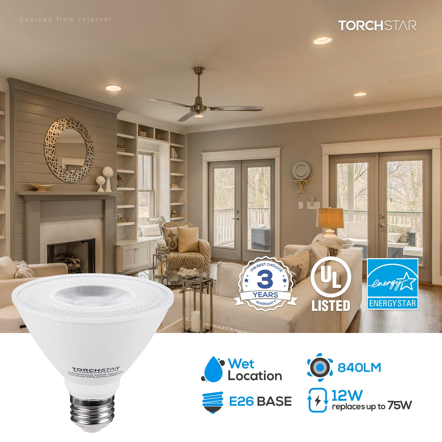 6 Pack PAR30 Short Neck LED Flood Light Bulb, Dimmable, 12W 75W Equiv., High CRI90+, 3000K Warm White, 840Lm, E26 Medium Screw Base, Energy Star & UL Listed LED Spotlight