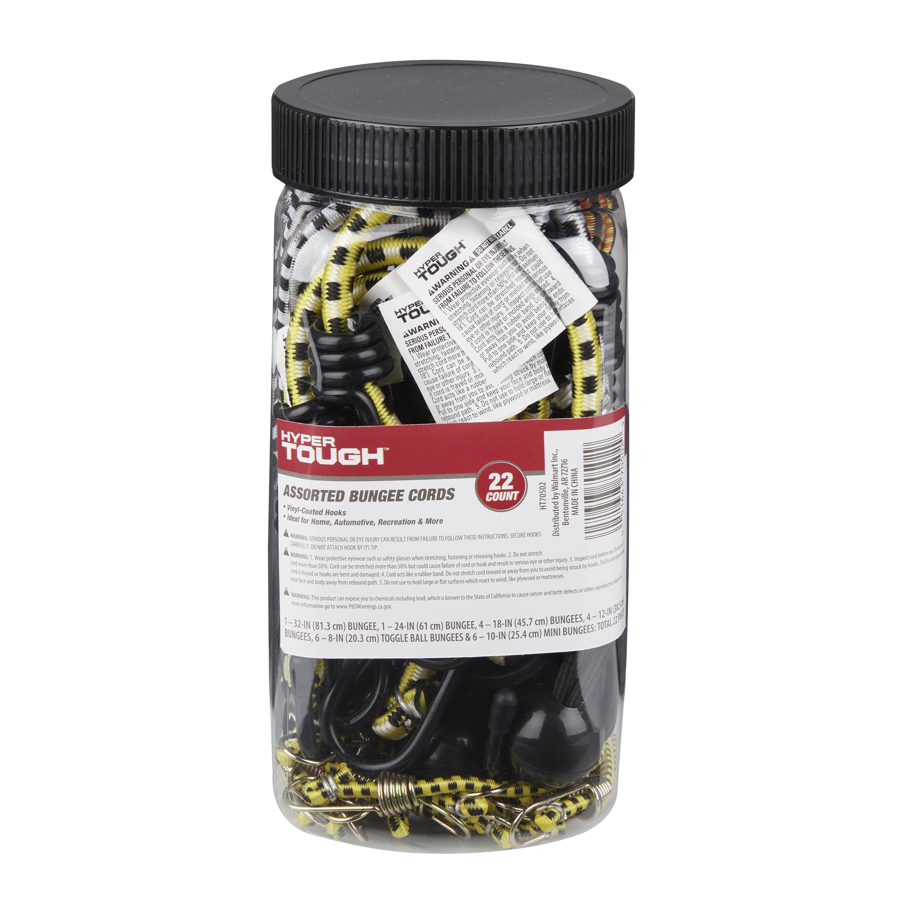 Hyper Tough Assorted Elastic Bungee Cords, 22-Count, 8 inch- 32 inch