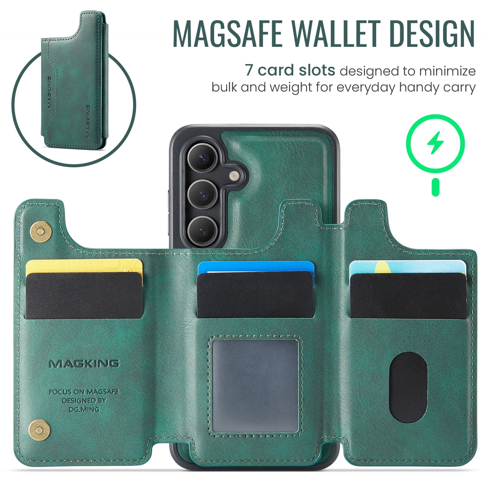 Designed for Samsung Galaxy S25+ Wallet Phone Case,Magnetic Detachable Flip Card Holder,Back Flip Kickstand,Compatible with Mag-Safe,2-in-1 PU Leather Heavy Duty Shockproof Phone Case,Green