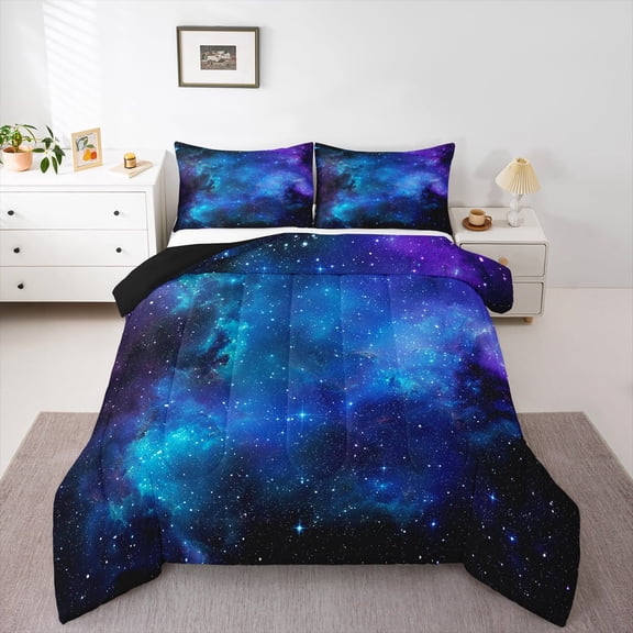 Purple Galaxy Comforter Moon Star Bedding Sets Twin Night Starry Sky Space Comforter Set Reversible Black Nebula Stars Down Comforter with 1 Comforter and 1 Pillow Case Navy