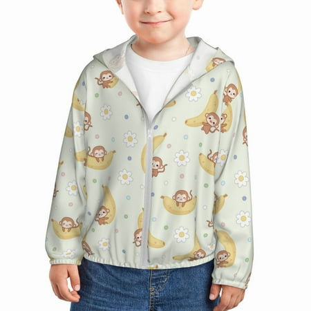 

Sun Hoodie for Kids Cute Banana Monkey Flower Long Sleeve Swim Fishing Shirts Sun Protection Zip Up Jacket Clothing Athletic Hoodie