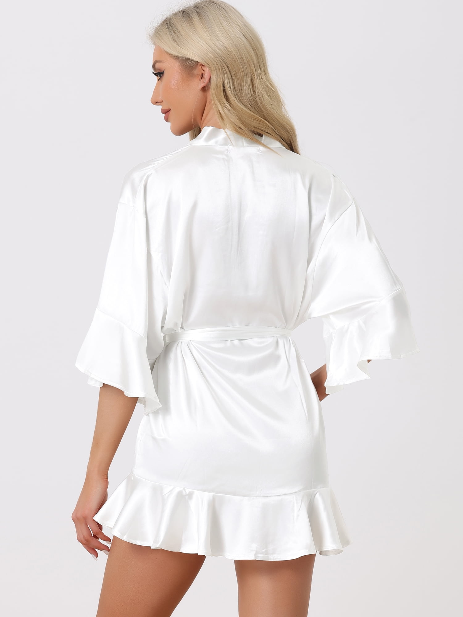 DARING DIVA Women's Satin Silky 3/4 Sleeves Tie Waist Loungewear Robes L White