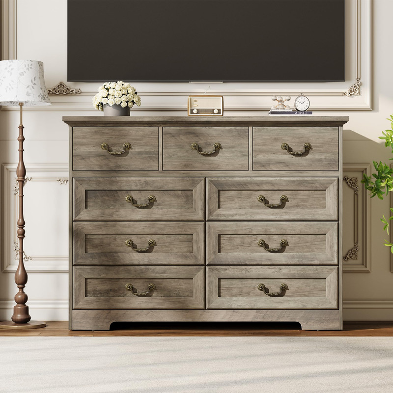 TROPOW Vintage 9 Drawer Dresser for Bedroom, 47" Wide Chest of Drawers with Natural Wood Texture, Wooden Storage Organizer for Closet, Living Room, Hallway,Black