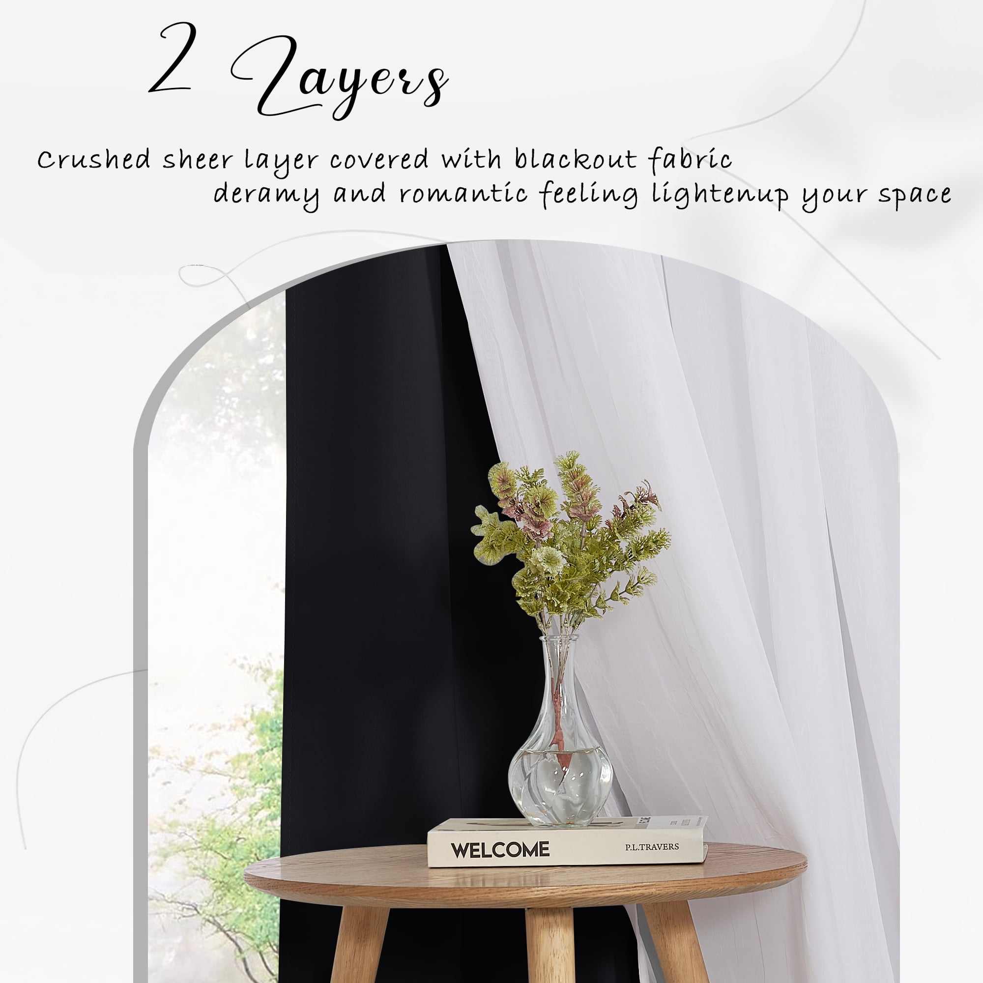NICETOWN Double Layer Sheer Blackout Curtains Solid Grommet Room Darkening Thermal Drapes, W52 x L84, Set of 2, Black