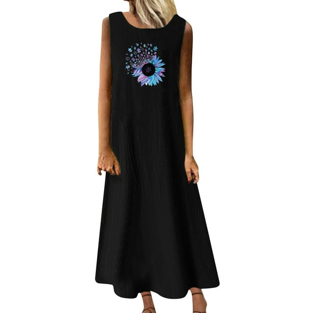 RKSTN Robes pour Femmes 2023 Mode Été Décontracté Col Rond Sans Manches Jupes Maxi Poches Vacances Couleur Unie Plage Longue Robe avec Imprimé Graphique