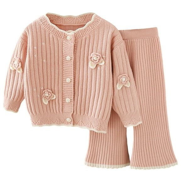 Toddler Girls Outfits Sets Knit Sweater 2 Piece Casual Winter Spring Kids Soft Handmade Floral Design Fall Girls Clothing Sets Pink Size 3-4T