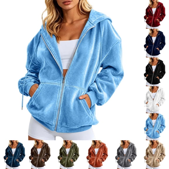 Womens Velvet Zip Up Hoodie Long Sleeve Oversized Hooded Sweatshirt Fall Velour Y2K Jacket with Pockets 2026 Fashion Clothes