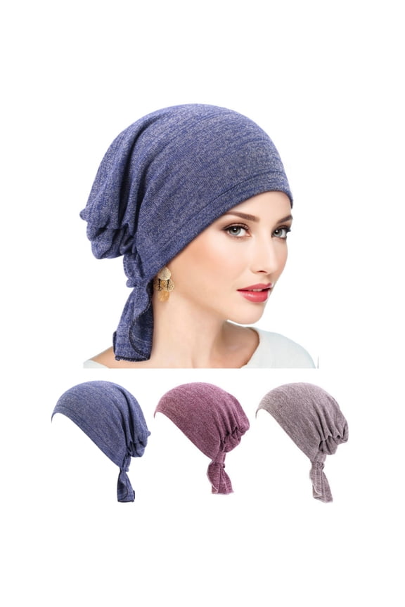 3 Pack Pre Tied Head Scarves for Women Slip On Chemo Turban Hats Headwrap Caps for Cancer Hair Cover Navy Red Khaki