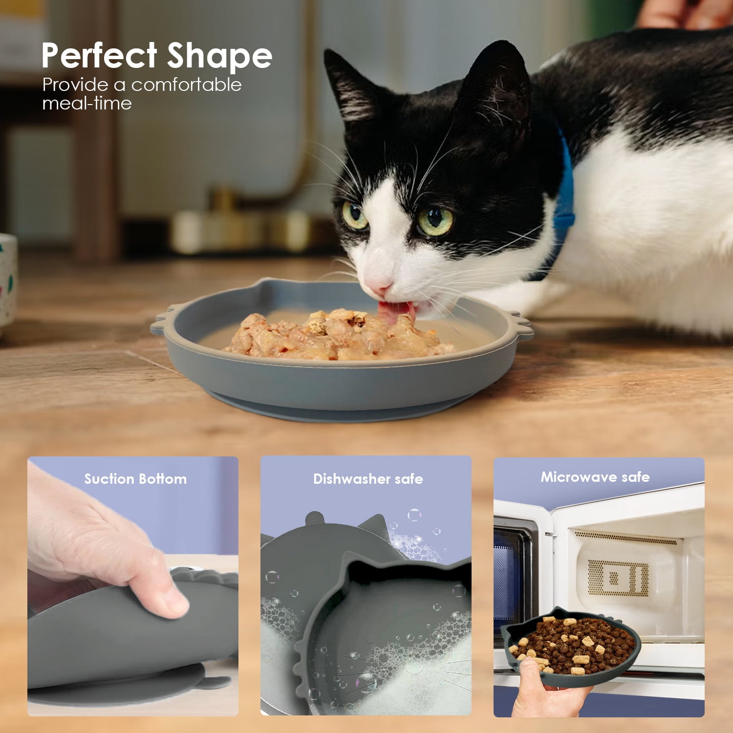 P.T. Supply Co. Gray Cat Shaped Silicone Pet Bowl with Non-Slip Suction Base