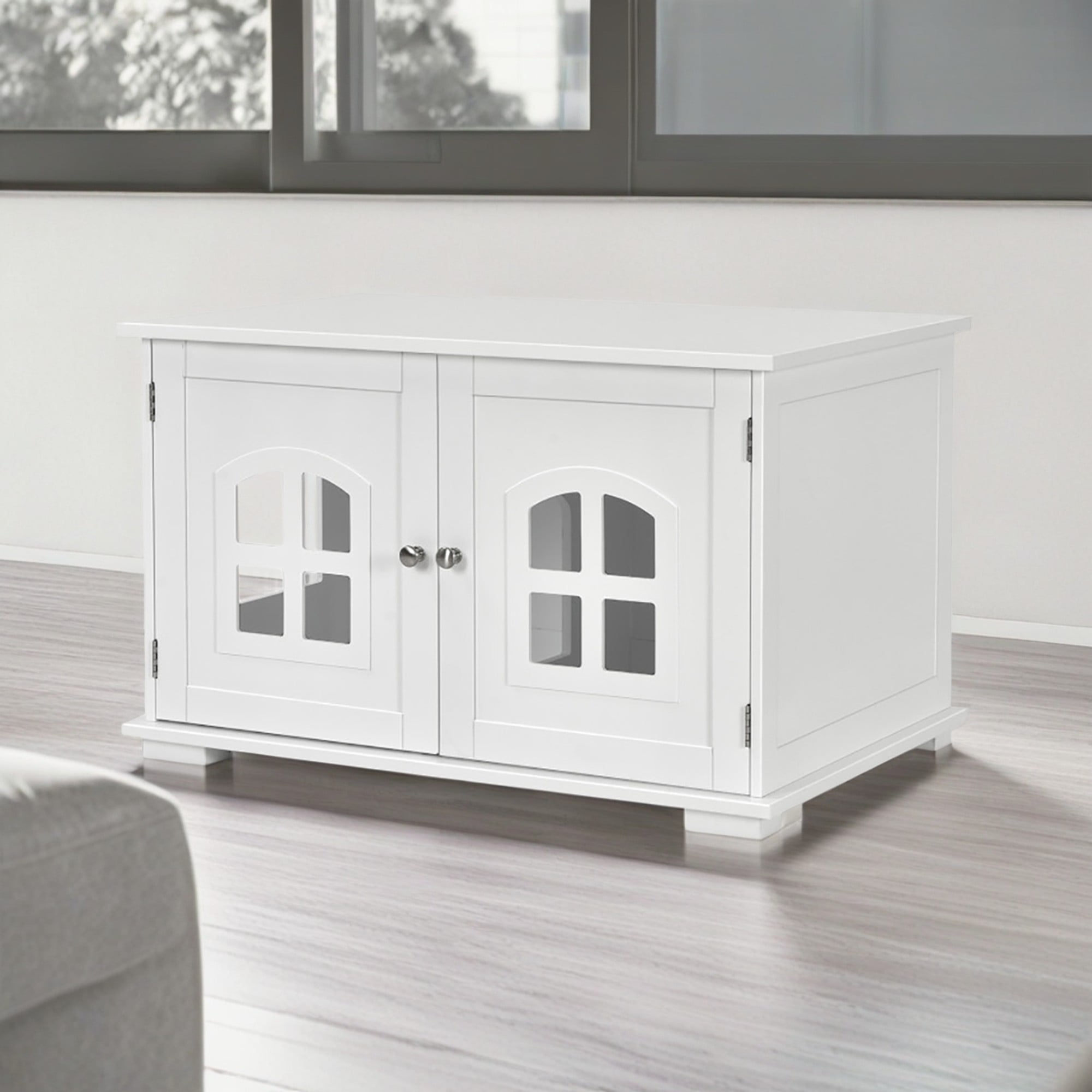 Kadyn 32" Large Wooden Cat Litter Box Enclosure Hidden Cat Washroom with Divider, Cat House Furniture, White