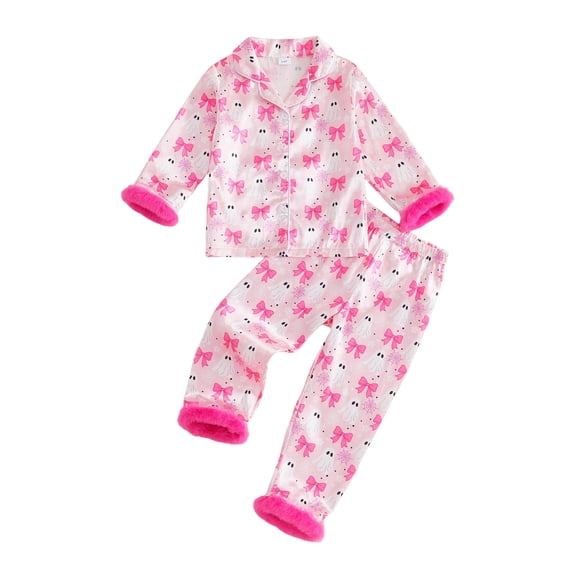 RUINIXCW Toddler Baby Girl Halloween Silk Stain Pajamas Set Kids Fall Sleepwear Ghost Pumpkin Fur Cuffs Long Sleeve Button Down Shirt and Pants Set Homewear Loungewear 1-6 Years